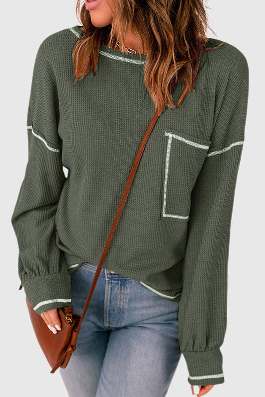 Contrast Exposed Stitching Waffle Knit Blouse