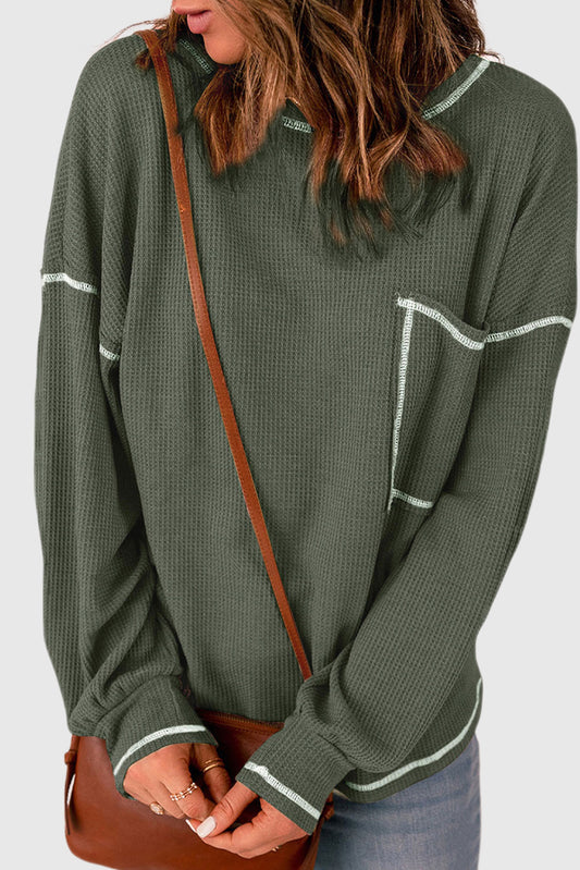 Contrast Exposed Stitching Waffle Knit Blouse
