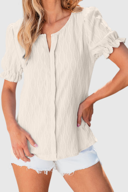 Solid Notched Neck Puff Sleeve Blouse