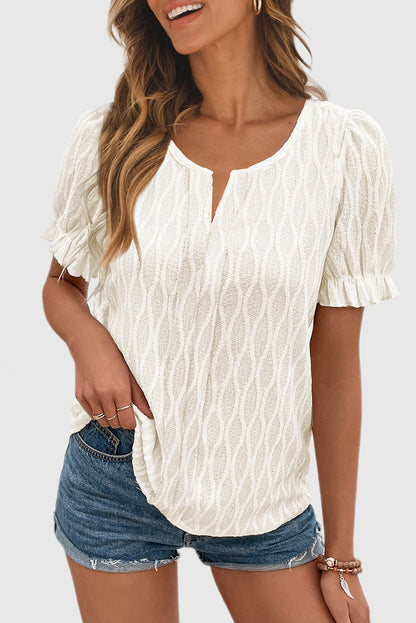 Solid Notched Neck Puff Sleeve Blouse