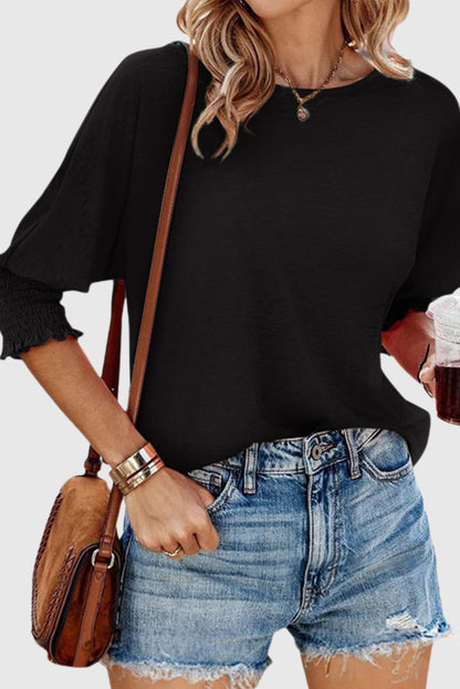 Solid Color Crew Neck Three-Quarter Sleeve Top