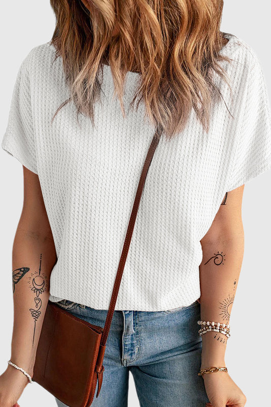 Solid Color Boatneck Waffle Knit Short Sleeve Top