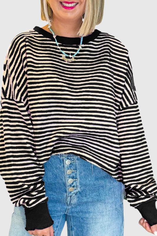 Black Stripe Loose Drop Shoulder Long Sleeve Top