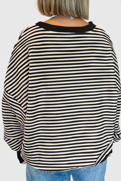 Black Stripe Loose Drop Shoulder Long Sleeve Top