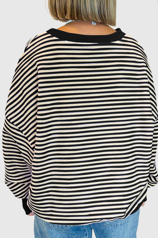 Black Stripe Loose Drop Shoulder Long Sleeve Top