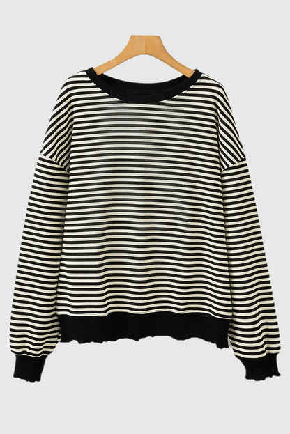 Black Stripe Loose Drop Shoulder Long Sleeve Top