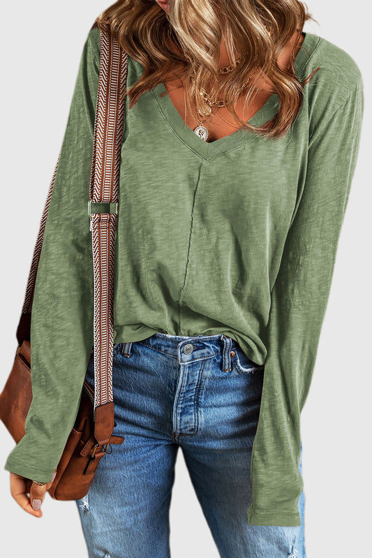 Solid Color V-Neck Long Sleeve T-Shirt