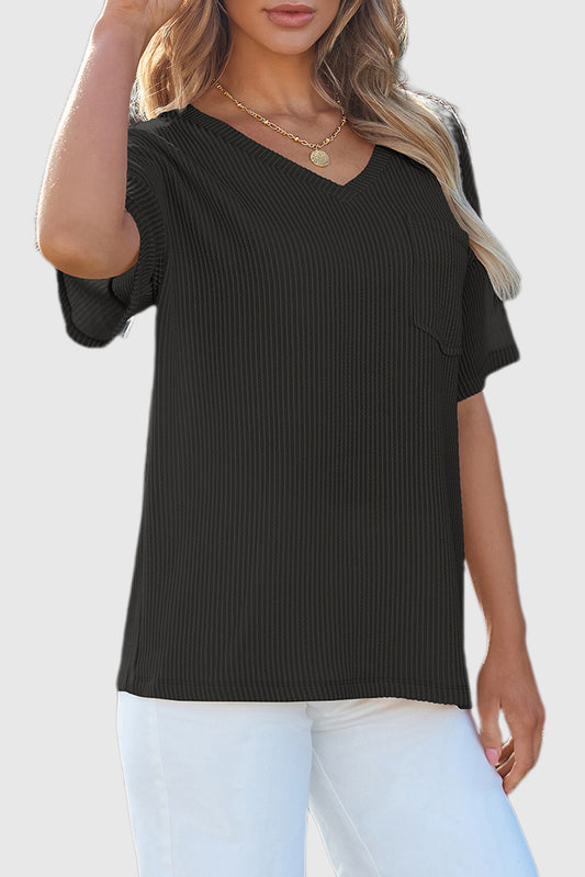 Black Corded V Neck Chest Pocket Loose T-shirt