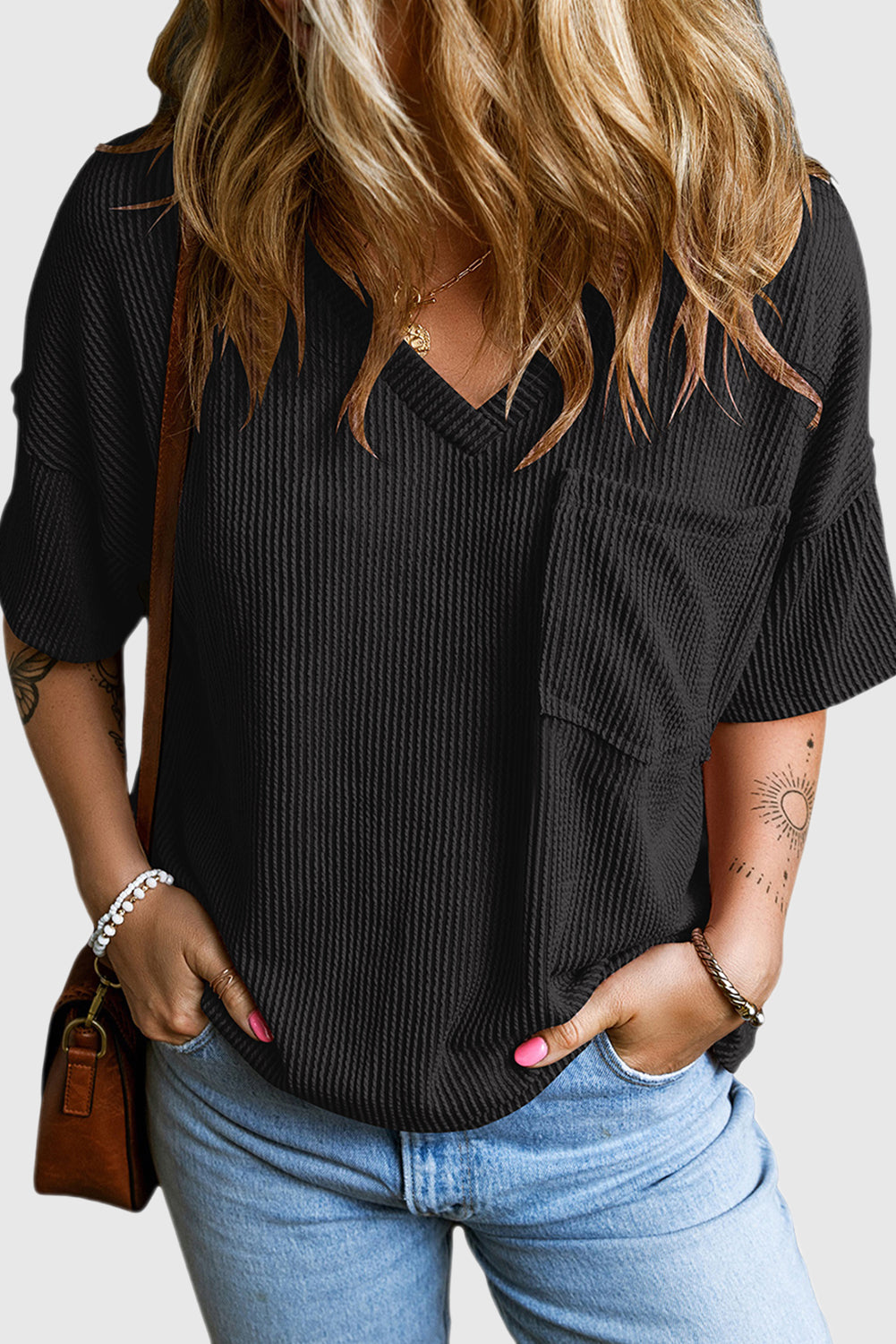 Black Corded V Neck Chest Pocket Loose T-shirt