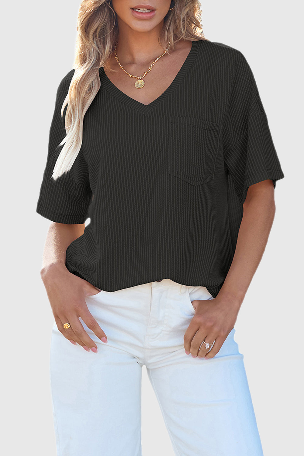 Black Corded V Neck Chest Pocket Loose T-shirt