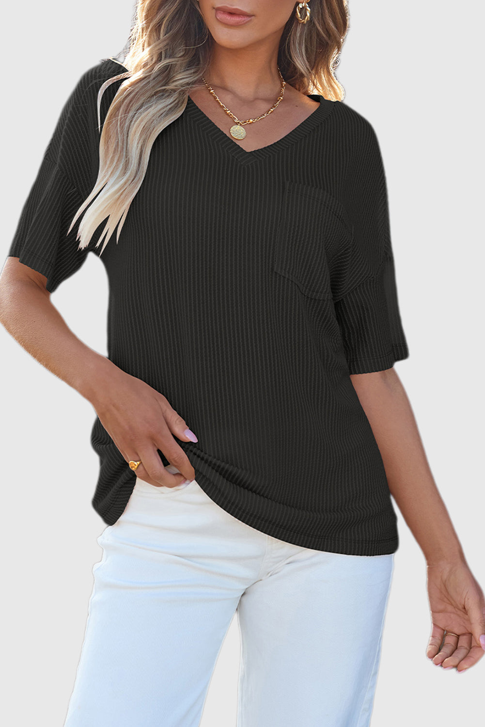 Black Corded V Neck Chest Pocket Loose T-shirt