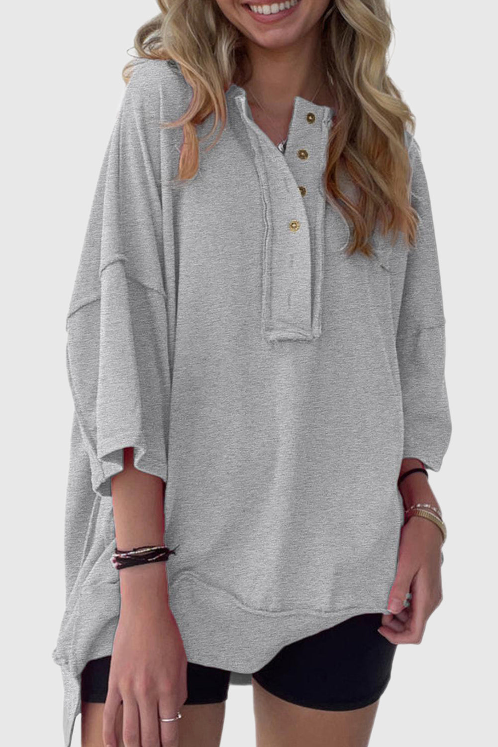 Exposed Seam Button Neck Wide Sleeve Tunic Top
