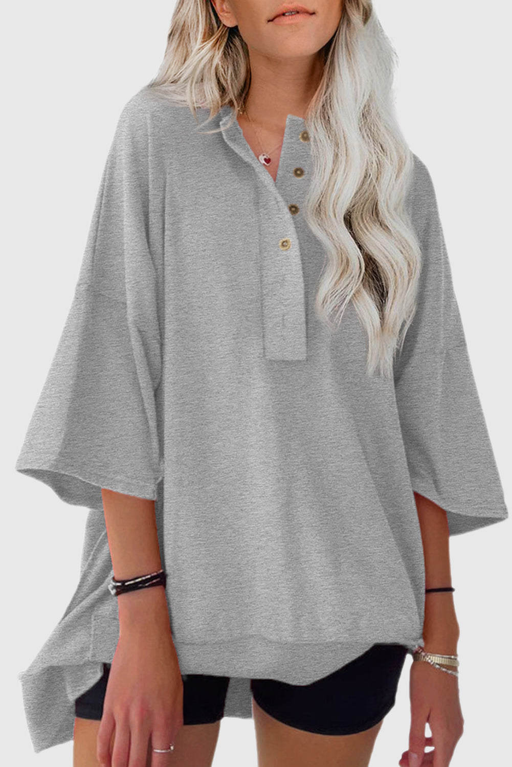 Exposed Seam Button Neck Wide Sleeve Tunic Top