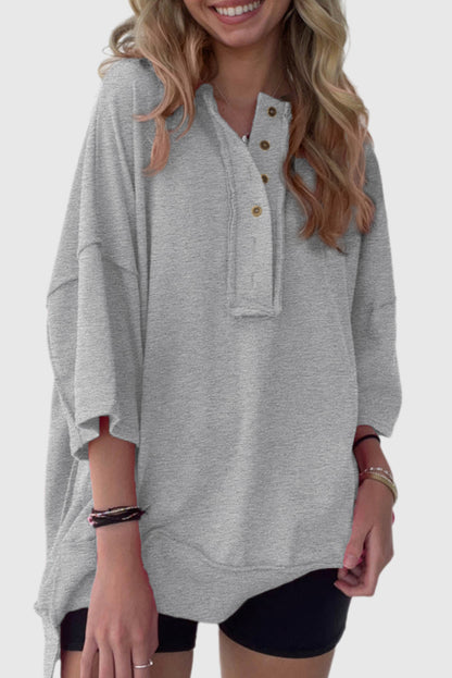 Exposed Seam Button Neck Wide Sleeve Tunic Top