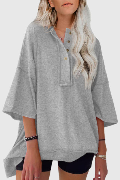 Exposed Seam Button Neck Wide Sleeve Tunic Top