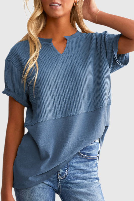 Solid Color Split Neck Waffle Knit Pullover Sweater