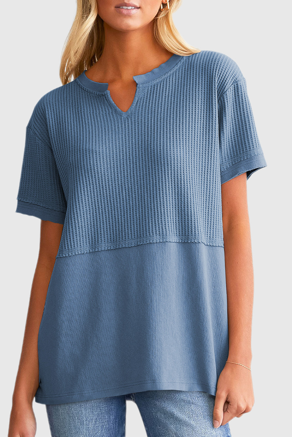 Solid Color Split Neck Waffle Knit Pullover Sweater