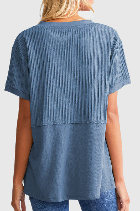 Solid Color Split Neck Waffle Knit Pullover Sweater