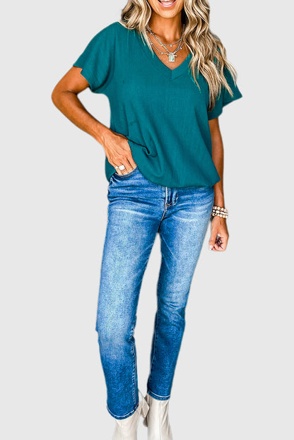Blue Sapphire Crinkled V Neck Wide Sleeve T-shirt
