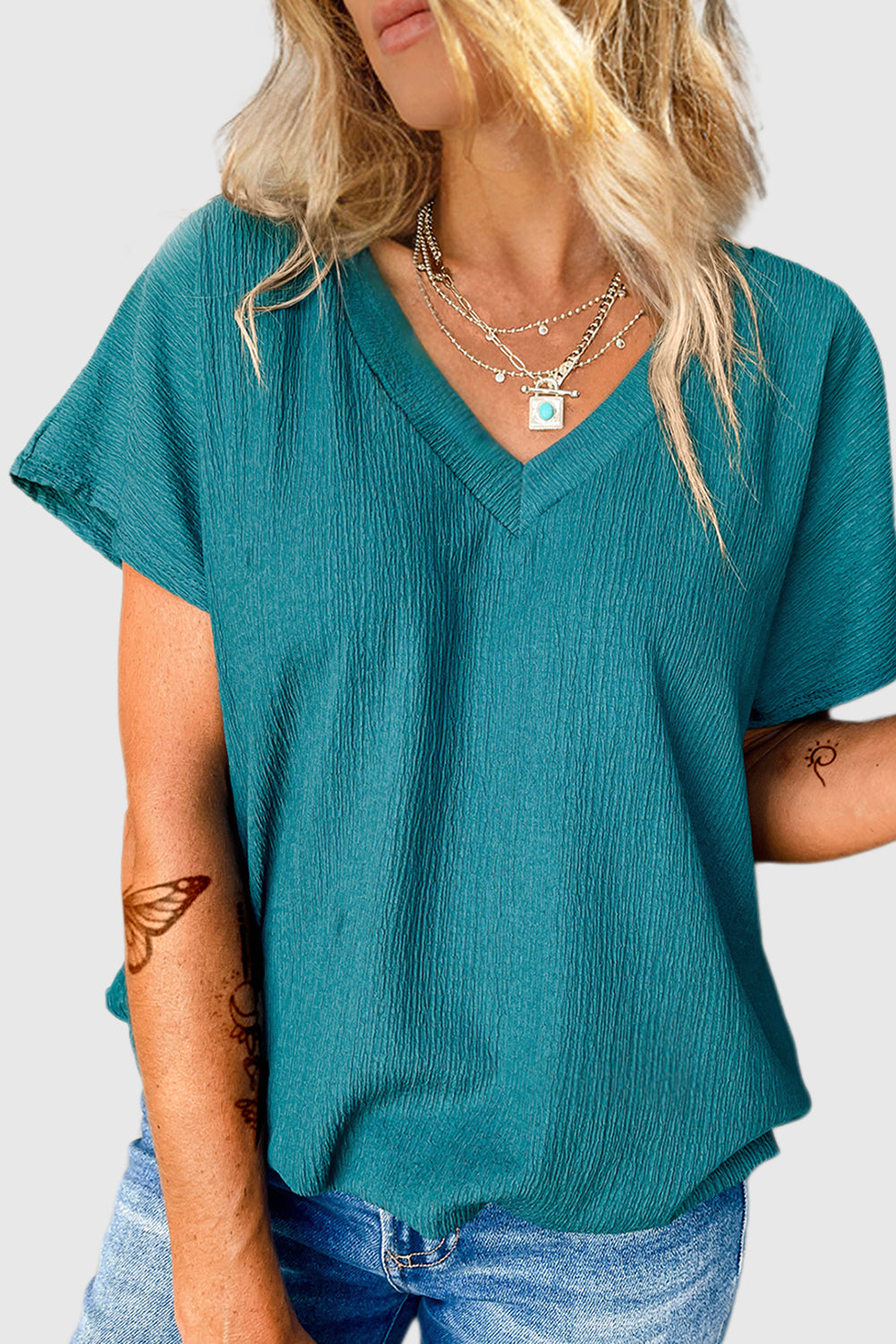 Blue Sapphire Crinkled V Neck Wide Sleeve T-shirt