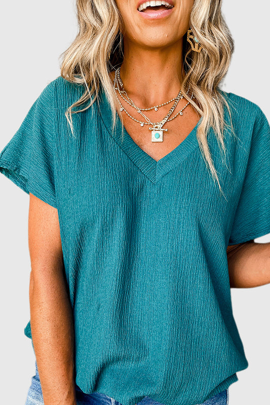 Blue Sapphire Crinkled V Neck Wide Sleeve T-shirt