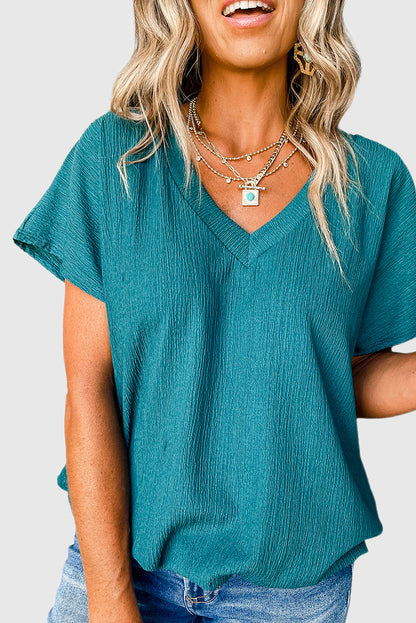 Blue Sapphire Crinkled V Neck Wide Sleeve T-shirt