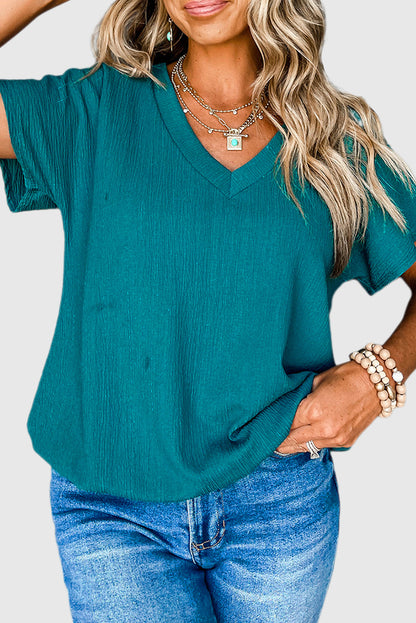 Blue Sapphire Crinkled V Neck Wide Sleeve T-shirt