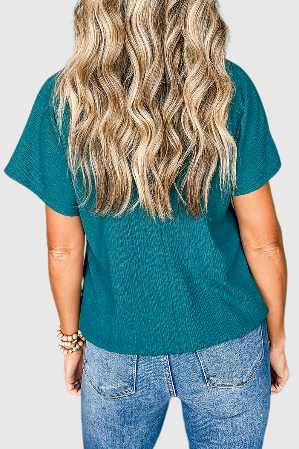 Blue Sapphire Crinkled V Neck Wide Sleeve T-shirt