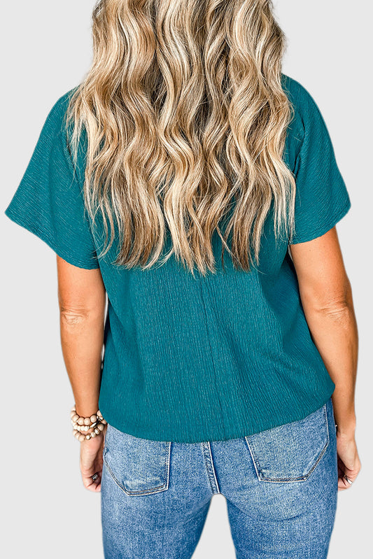 Blue Sapphire Crinkled V Neck Wide Sleeve T-shirt