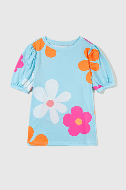 Sky Blue Flower Print Bubble Sleeve Tee
