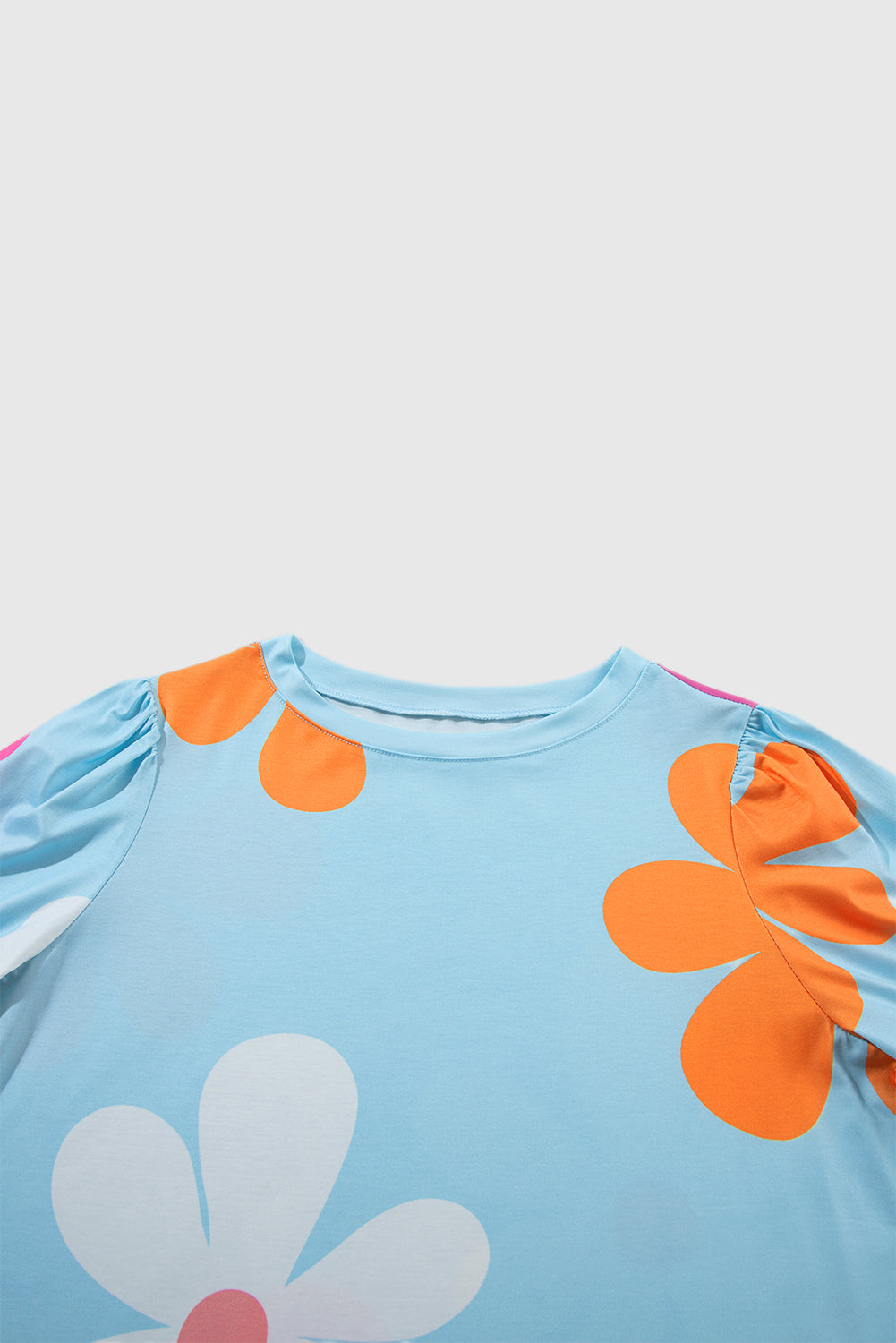 Sky Blue Flower Print Bubble Sleeve Tee
