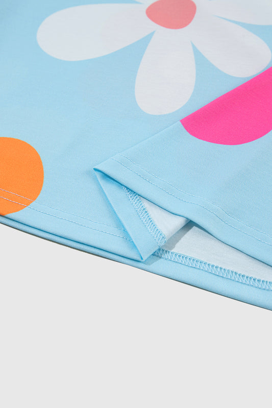 Sky Blue Flower Print Bubble Sleeve Tee