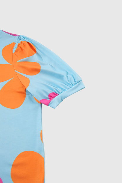 Sky Blue Flower Print Bubble Sleeve Tee