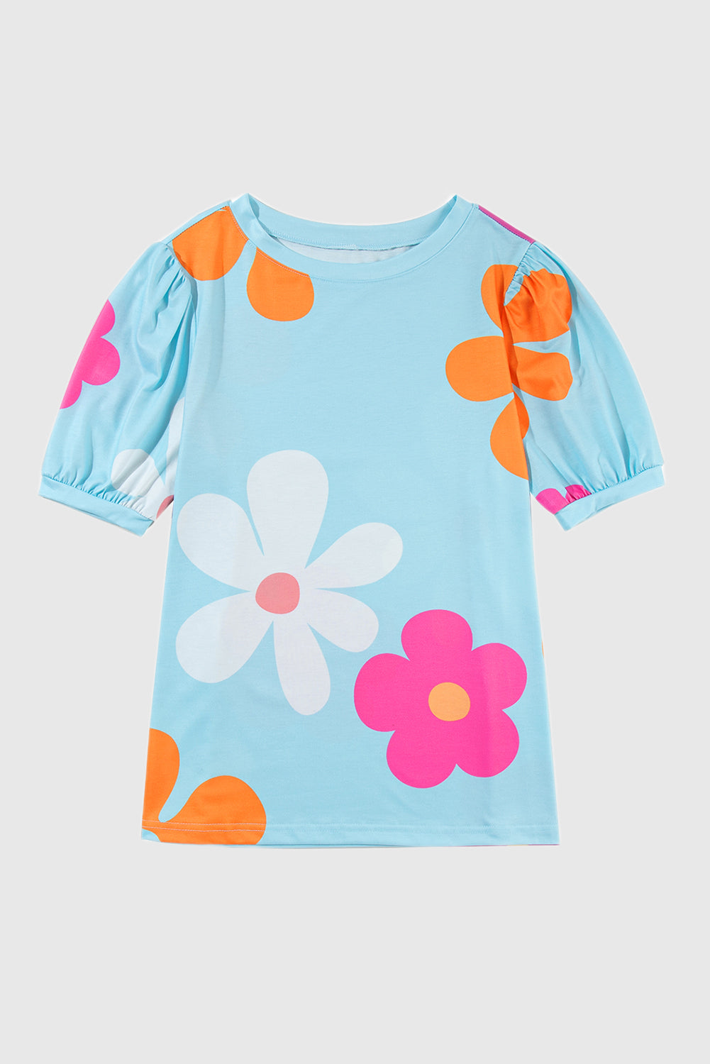 Sky Blue Flower Print Bubble Sleeve Tee