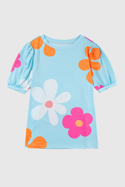 Sky Blue Flower Print Bubble Sleeve Tee