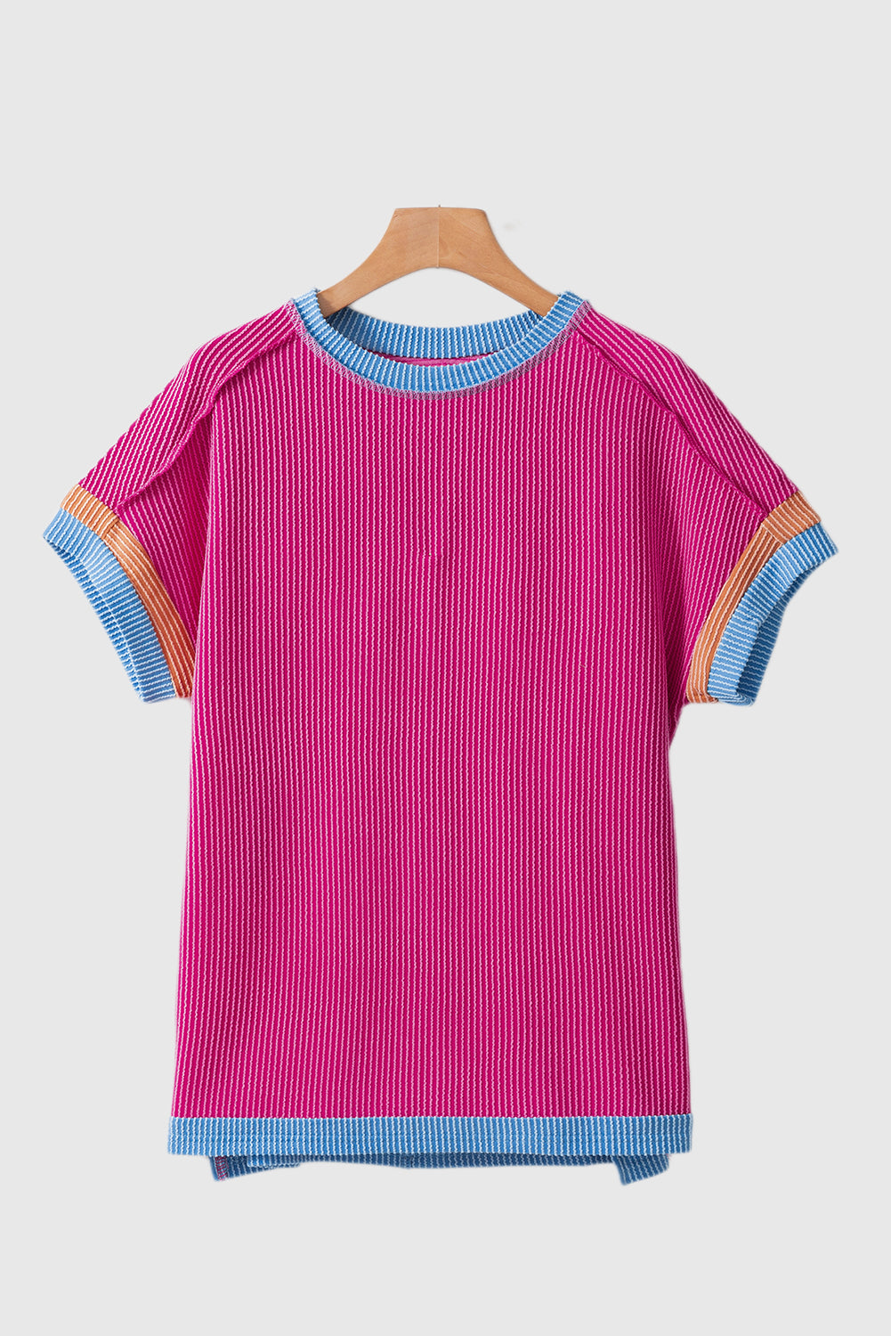 Bright Pink Textured Contrast Trim Round Neck T Shirt