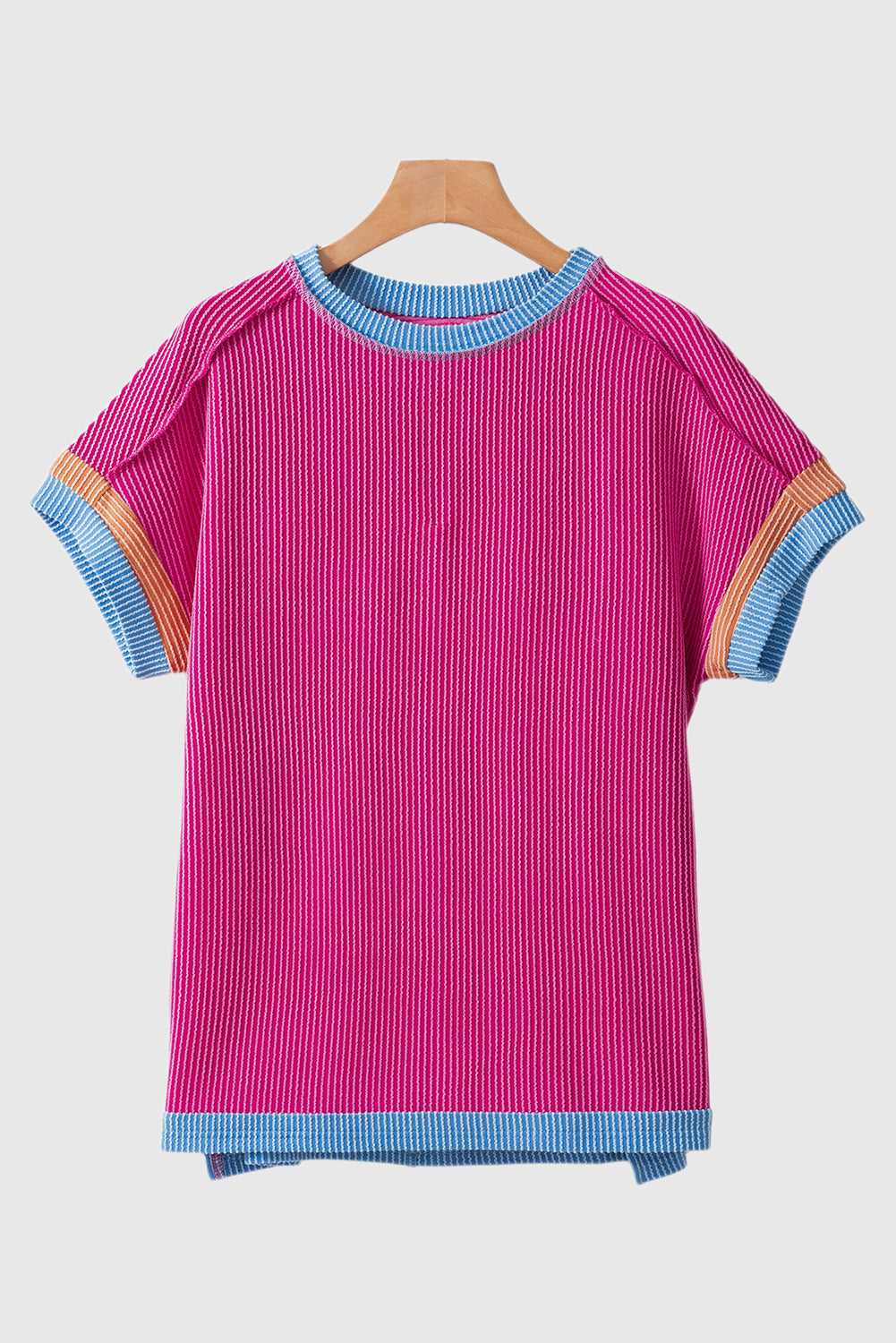 Bright Pink Textured Contrast Trim Round Neck T Shirt