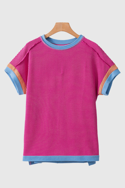 Bright Pink Textured Contrast Trim Round Neck T Shirt