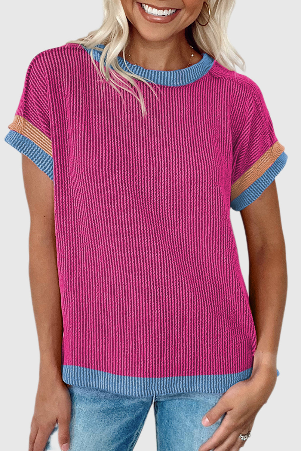 Bright Pink Textured Contrast Trim Round Neck T Shirt