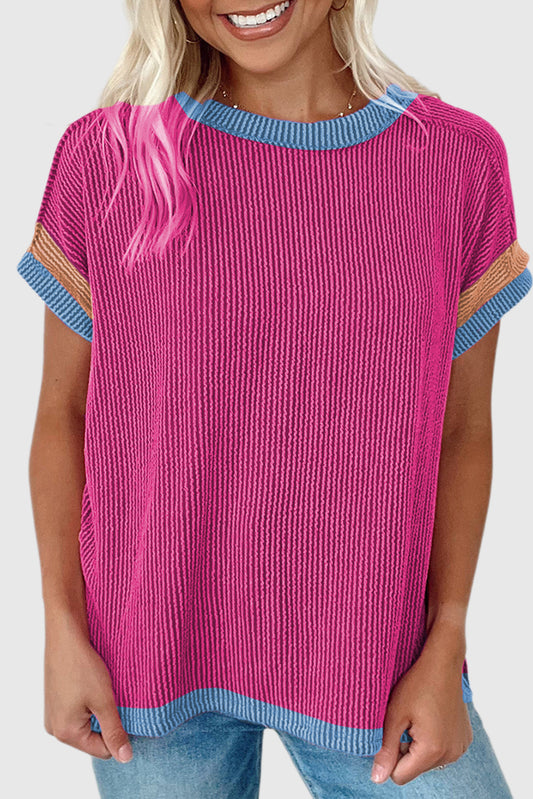 Bright Pink Textured Contrast Trim Round Neck T Shirt