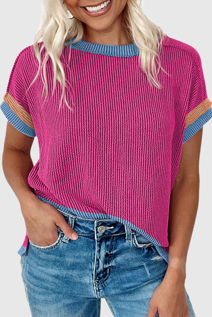 Bright Pink Textured Contrast Trim Round Neck T Shirt