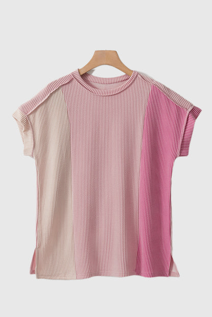 Pink Textured Colorblock Crew Neck T Shirt