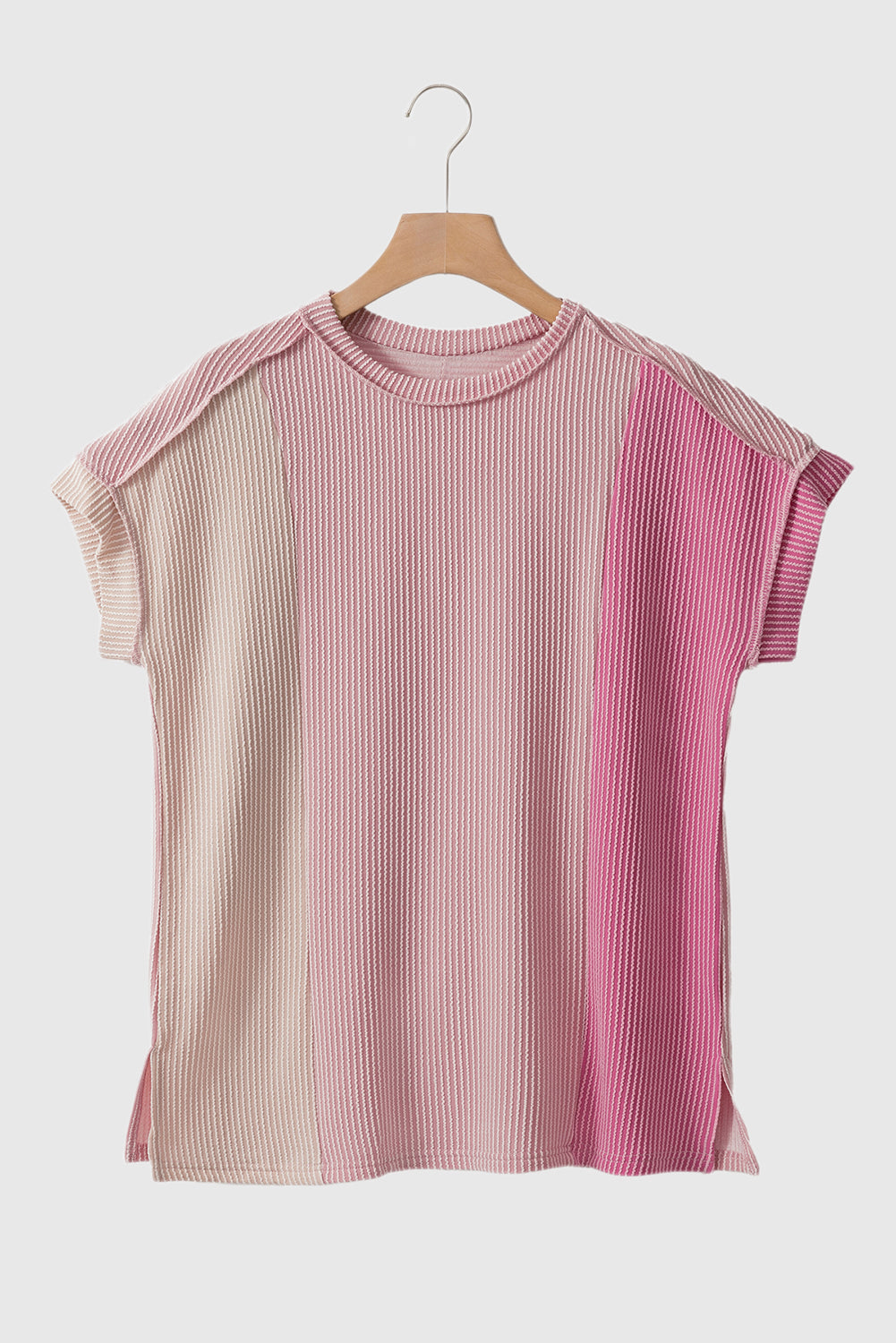 Pink Textured Colorblock Crew Neck T Shirt
