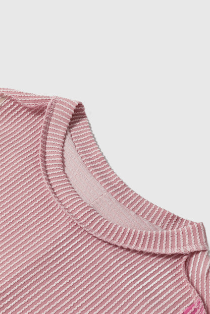 Pink Textured Colorblock Crew Neck T Shirt