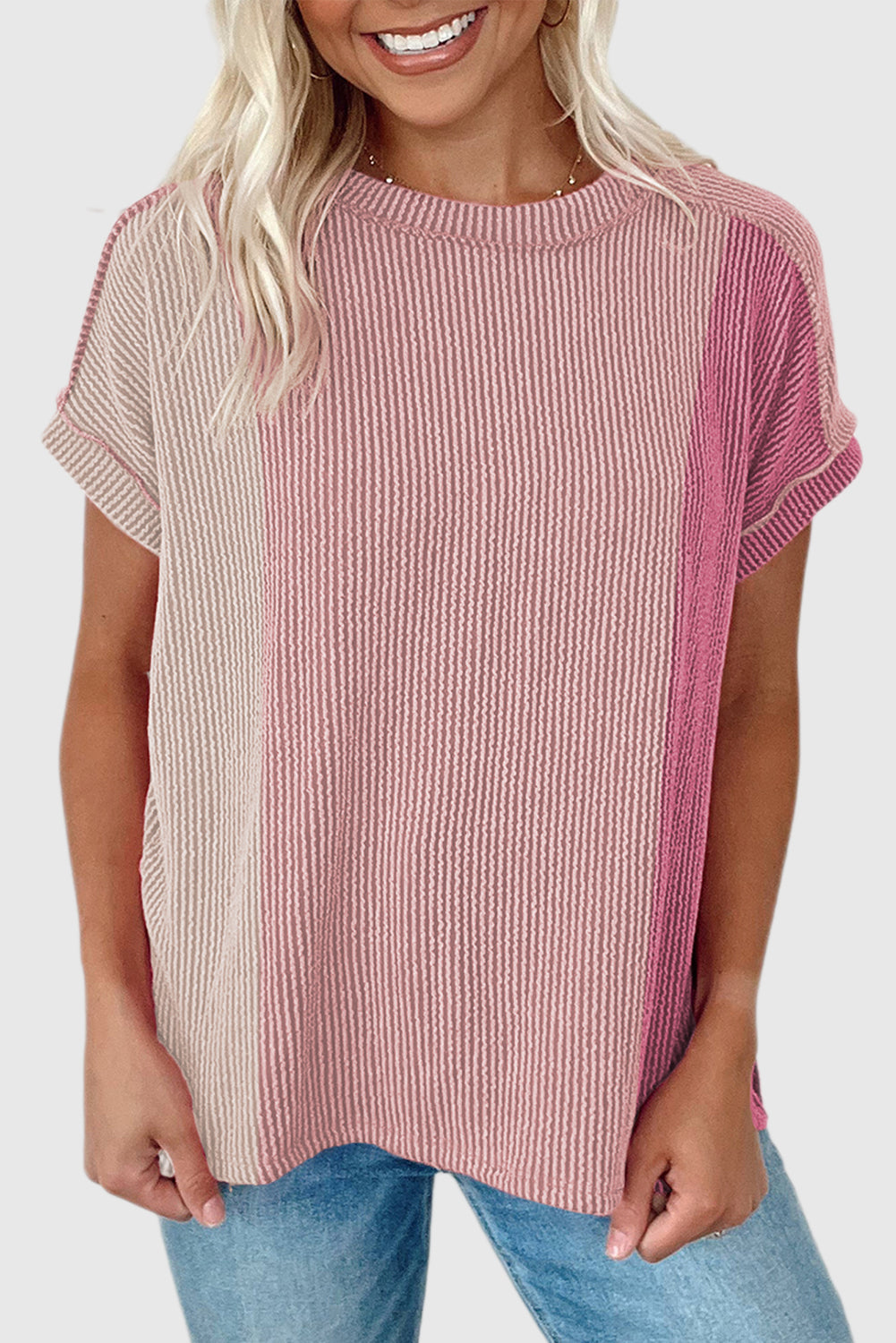 Pink Textured Colorblock Crew Neck T Shirt