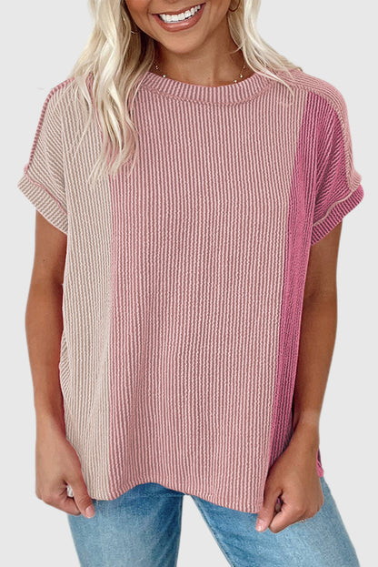 Pink Textured Colorblock Crew Neck T Shirt
