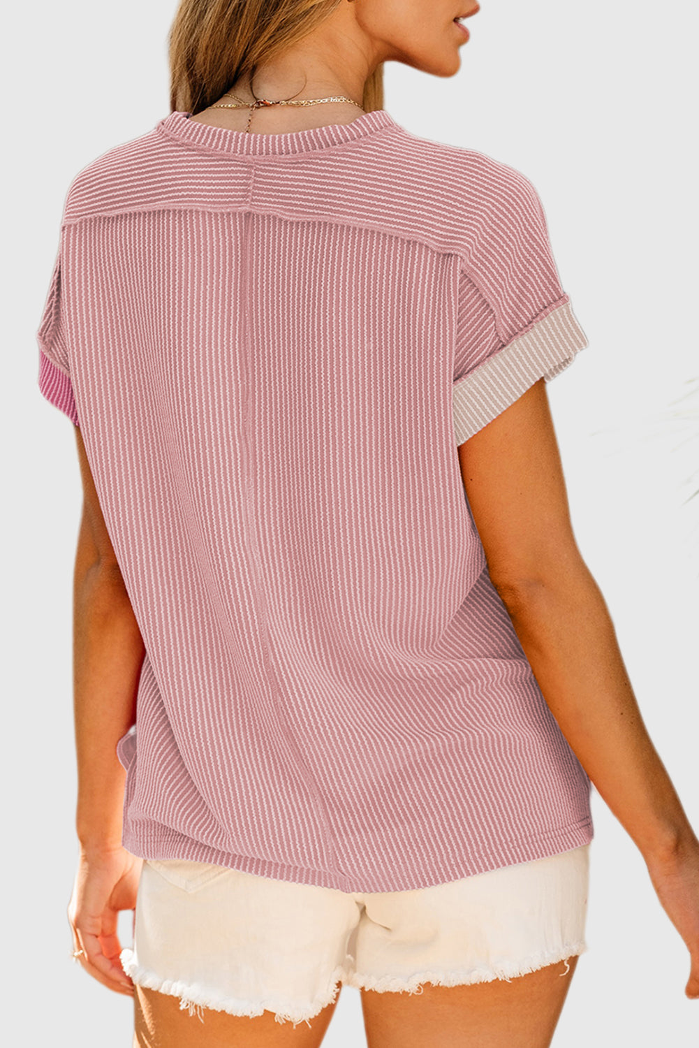 Pink Textured Colorblock Crew Neck T Shirt
