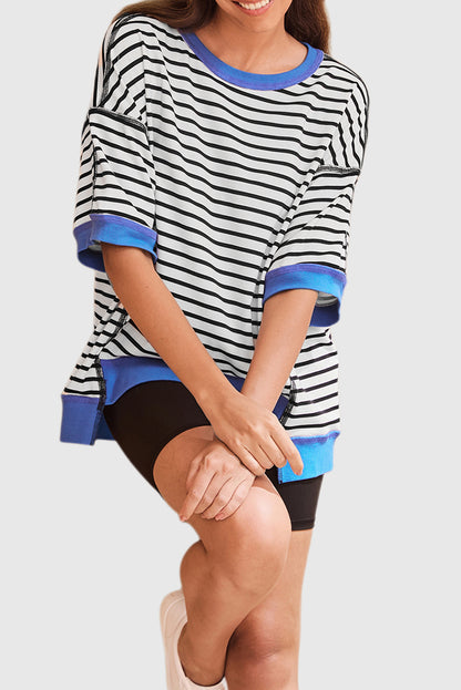 Black Stripe Oversized Contrast Trim Exposed Seam High Low T Shirt