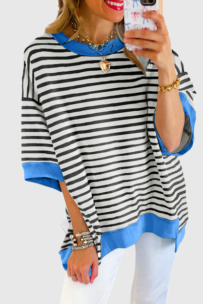 Black Stripe Oversized Contrast Trim Exposed Seam High Low T Shirt