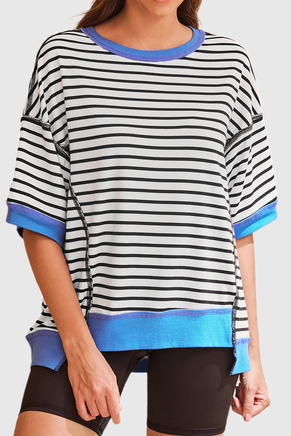 Black Stripe Oversized Contrast Trim Exposed Seam High Low T Shirt